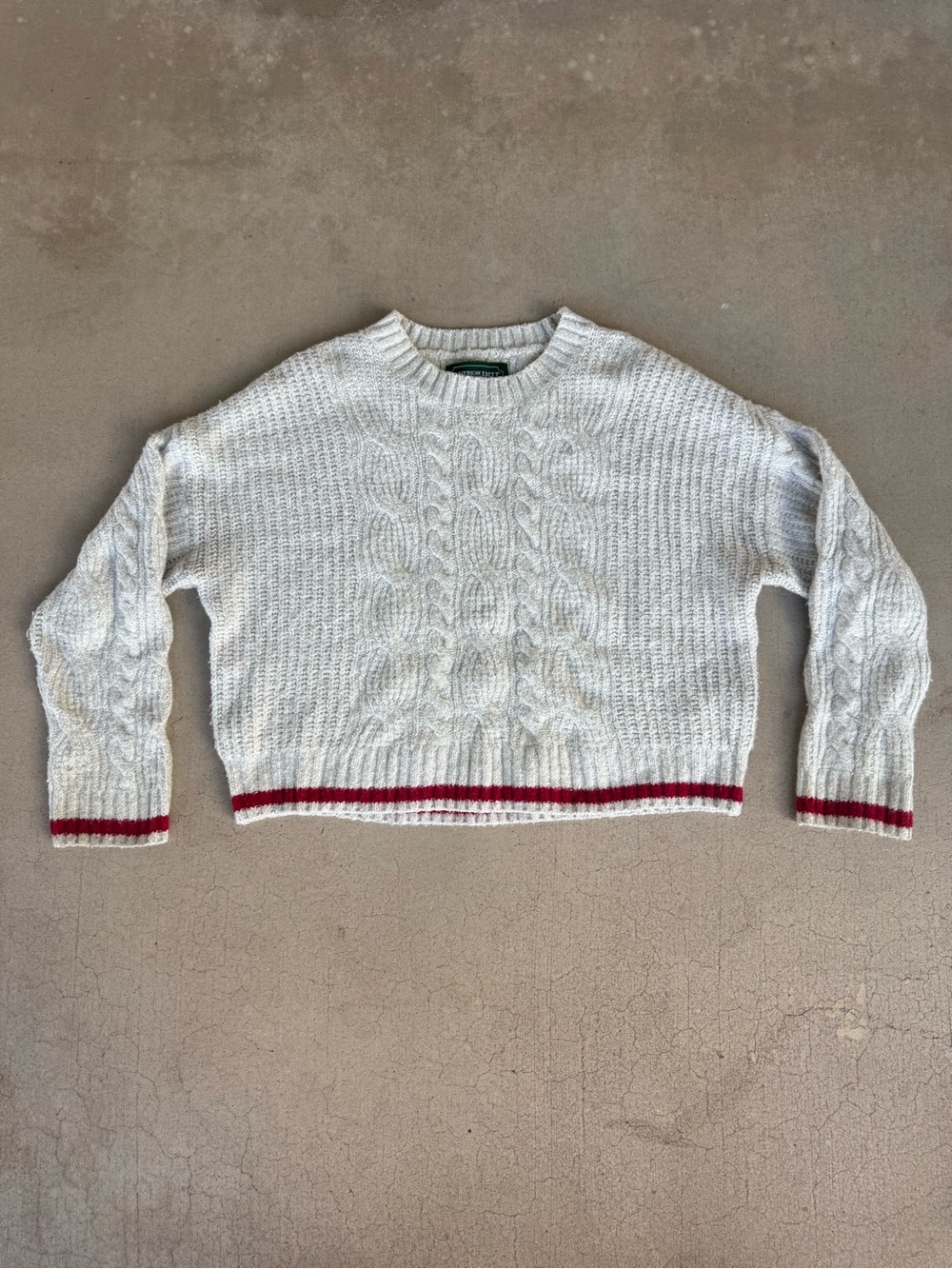 American Eagle Cable Knit Cropped Sweater Cream Red Stripe Size S